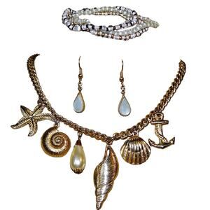 Shell Necklace, MOP Earrings, 3 Stretch Bracelets Lot